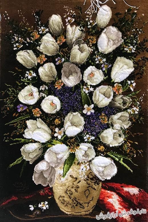 تابلو فرش گل سفید و گلدان (گلدان با گل سفید) کد 172
