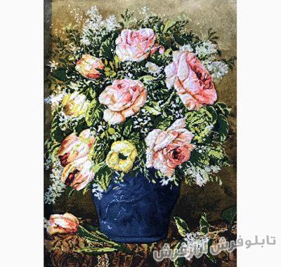 تابلو فرش دستبافت گل رز و گلدان آبی کد 322
