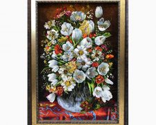 تابلو فرش دستباف طرح گل لاله و گلدان شیشه ای - کد 607