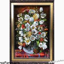 تابلو فرش دستباف طرح گل لاله و گلدان شیشه ای - کد 607