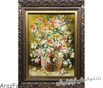 تابلو فرش دستبافت سبد گل رز و گل های بابونه - کد 609
