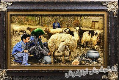 تابلو فرش دستبافت طرح شیر دوش روستایی - کد 623