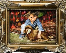 خرید اینترنتی و آنلاین تابلو فرش دستباف طرح بچه روستایی زیبا با گوسفند - کد 624