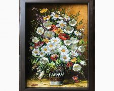 فروش اینترنتی تابلو فرش دستبافت طرح گلدان لیوانی گل بابونه - کد 638