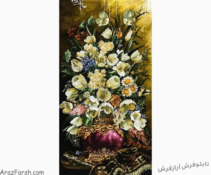 فروش آنلاین تابلو فرش دستباف ستونی طرح گلدان گل لاله با فرش - کد 653