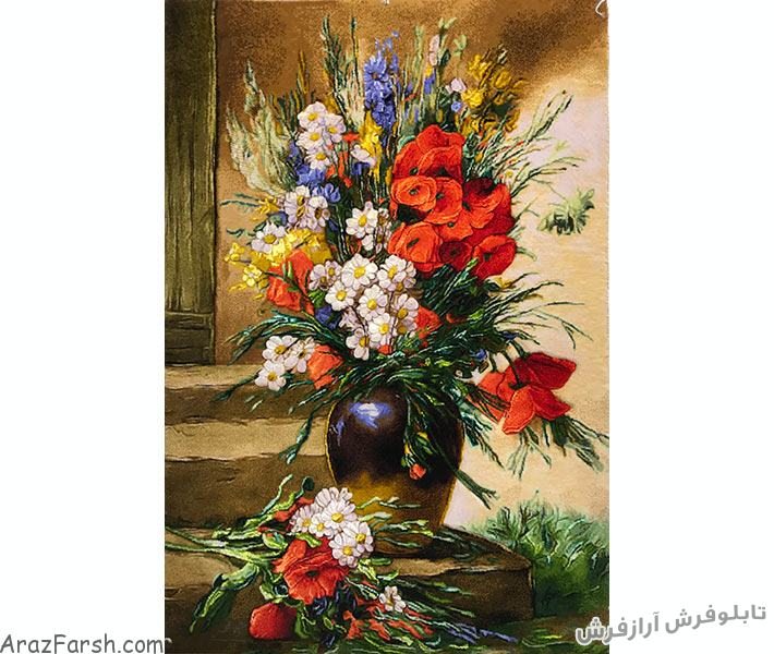تابلو فرش دستباف گل و گلدان روی پله با گلهای مختلف - کد 685