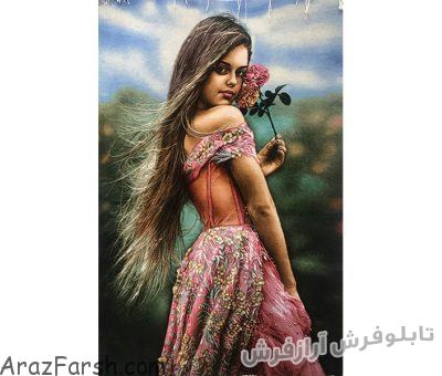 تابلو فرش دستباف طرح دختر زیبای گل فروش - کد 782
