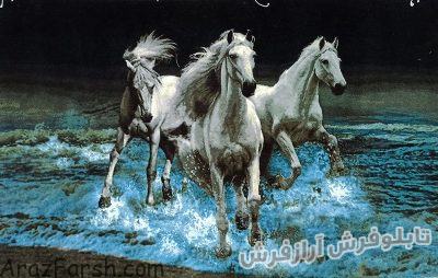 تابلو فرش دستبافت طرح 3 سه اسب دونده در کنار ساحل - کد 788