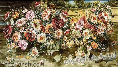 تابلو فرش دستبافت زیبای طرح گل داس با گل های زیبا - کد 795