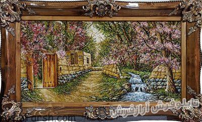 تابلو فرش دستباف طرح منظره زیبای کوچه باغ بهاری - کد 803