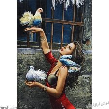 تابلو فرش دستباف طرح دختر کفتر باز - دختر پرنده به دست - کد 822