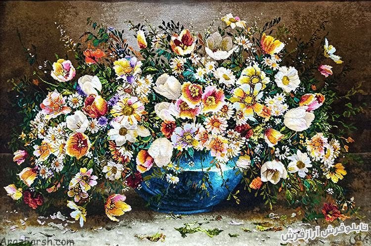 تابلو فرش دستبافت طرح گل های زیبا و گلدان شیشه ای - کد 839