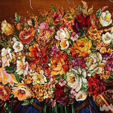 تابلو فرش دستبافت طرح جدید گل رز زیبا و رنگارنگ با سبد روی میز کد 850
