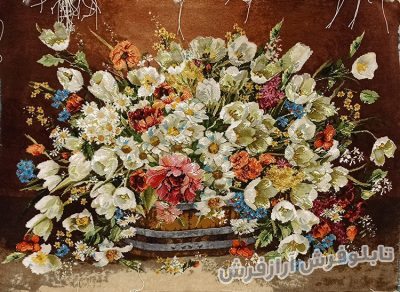 تابلو فرش طرح گل لاله و گل بابونه با سبد حصیری کد 854