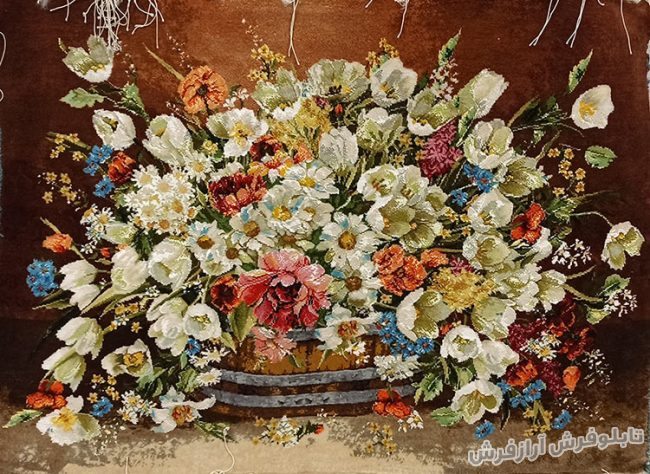 تابلو فرش طرح گل لاله و گل بابونه با سبد حصیری کد 854
