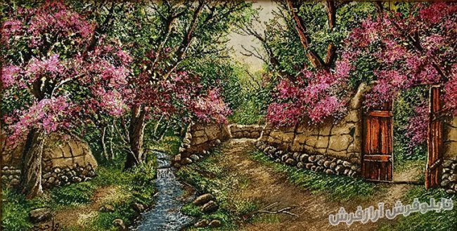تابلو فرش دستبافت طرح منظره زیبای کوچه باغ بهاری شکوفه کد 865