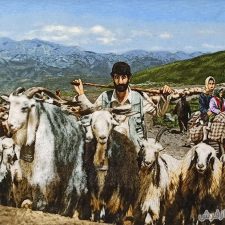 تابلو فرش دستبافت طرح چوپان و گوسفندانش در روستا کد 955