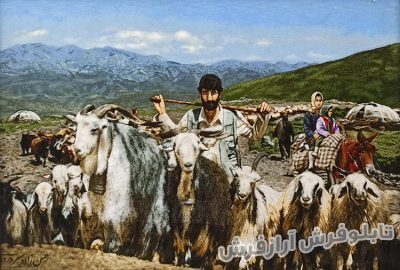 تابلو فرش دستبافت طرح چوپان و گوسفندانش در روستا کد 955