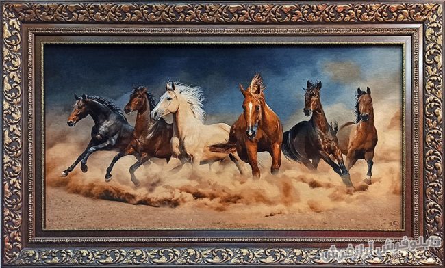 تابلو فرش دستبافت طرح گله اسب ها در کویر کد 1112