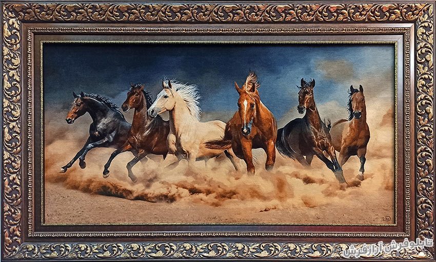 تابلو فرش دستبافت طرح گله اسب ها در کویر کد 1112