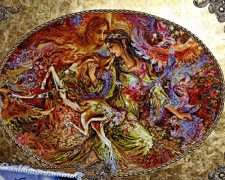 تابلو فرش دستباف بیضی طرح مینیاتور عطوفت اثر استاد فرشچیان کد 1135