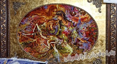 تابلو فرش دستباف بیضی طرح مینیاتور عطوفت اثر استاد فرشچیان کد 1135