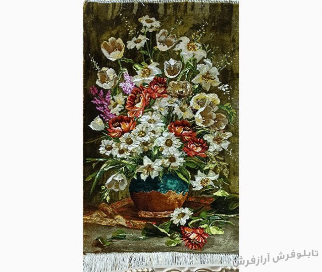 تابلو فرش دستباف طرح گلدان سفالی گل لاله و گل بابونه کد 1177