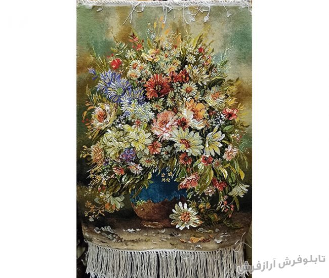 تابلو فرش طرح گل و گلدان گل رز، یاسمن و گل وحشی کد 1196