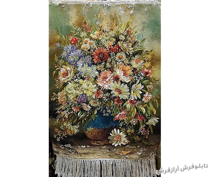 تابلو فرش طرح گل و گلدان گل رز، یاسمن و گل وحشی کد 1196