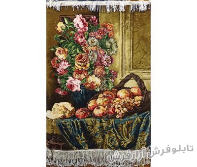 تابلو فرش دستباف طرح گلدان گل رز زیبا و سبد میوه با برند کریمی نژاد کد 1199