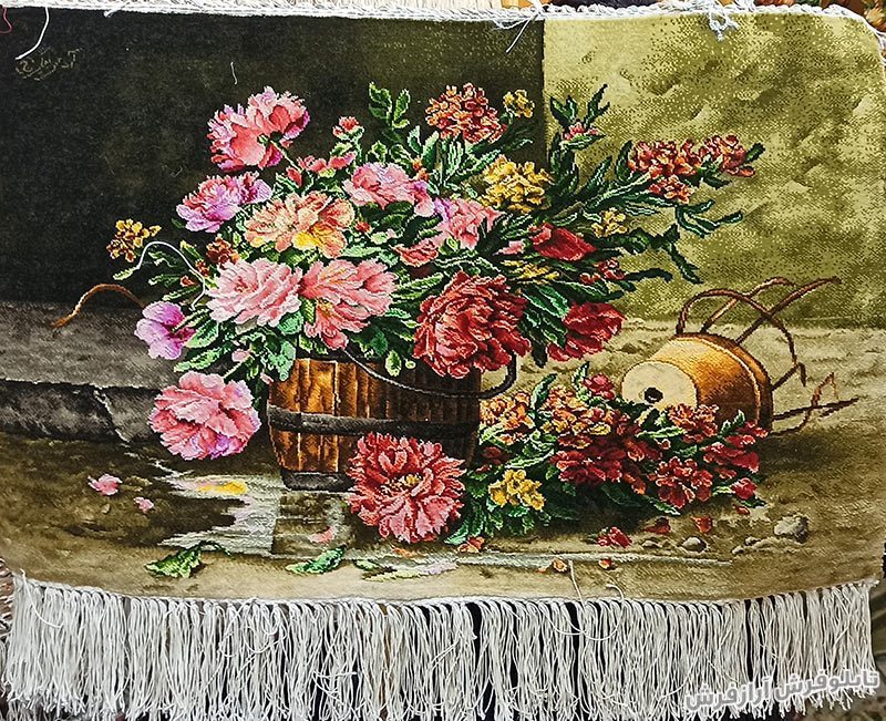 تابلو فرش دستباف طرح سبد تخته ای گل های رز با گلدان سفالی کناری کد 1200