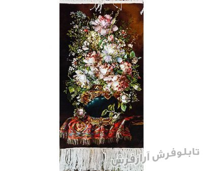 تابلو فرش دستباف طرح گل و گلدان گل رز با ترمه زیبا کد 1208