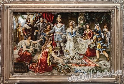 تابلو فرش دستباف طرح تاج گذاری حضرت سلیمان و ملکه سبا در قصر سلیمان کد 1213