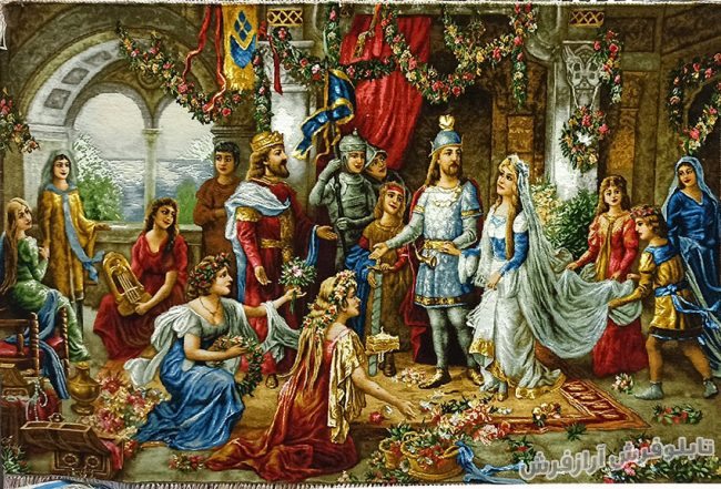 تابلو فرش دستبافت طرح تاج گذاری حضرت سلیمان و ملکه سبا در قصر سلیمان کد 1230