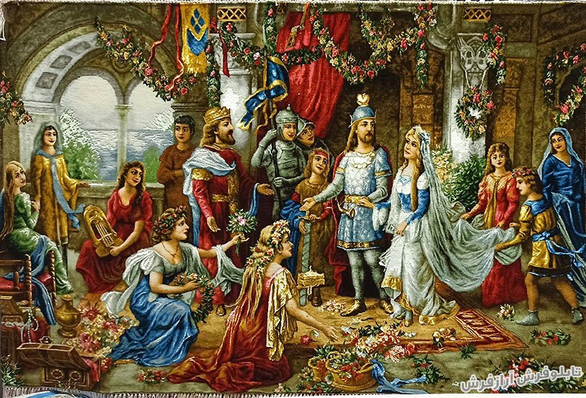 تابلو فرش دستبافت طرح تاج گذاری حضرت سلیمان و ملکه سبا در قصر سلیمان کد 1230