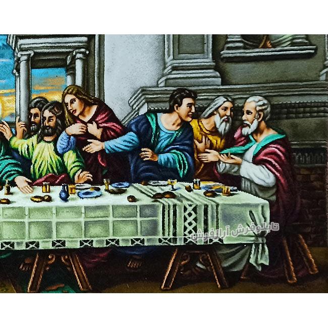 تابلو فرش دستباف طرح شام آخر حضرت عیسی بصورت رنگی از نمای نزدیک - 1