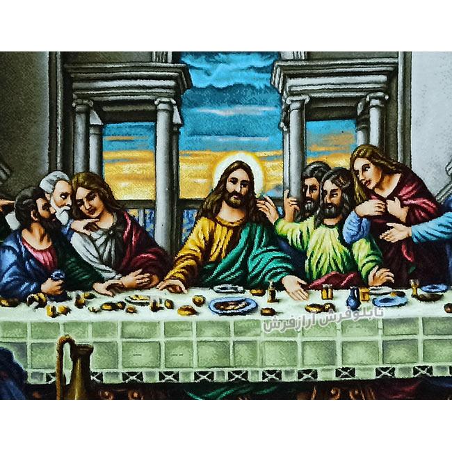 تابلو فرش دستباف طرح شام آخر حضرت عیسی بصورت رنگی از نمای نزدیک - 2