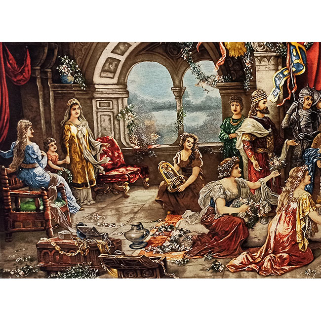 تابلو فرش سایز بزرگ طرح تاج گذاری حضرت سلیمان و ملکه سبا از نمای نزدیک - 3