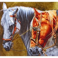 تابلو فرش دستباف طرح کله اسب سه اسب از نمای نزدیک - 3