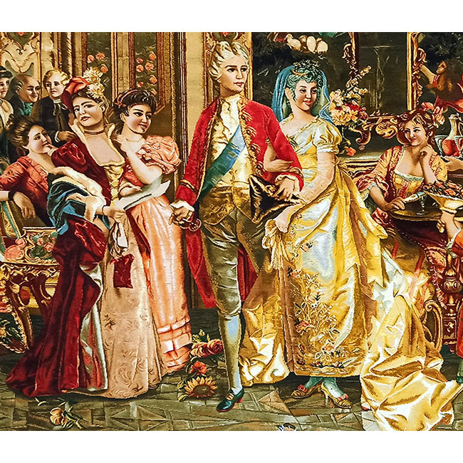 تابلو فرش دستباف طرح مجلسی و فرانسوی عروسی شاهزاده با سایز بزرگ قالیچه از نمای نزدیک - 2