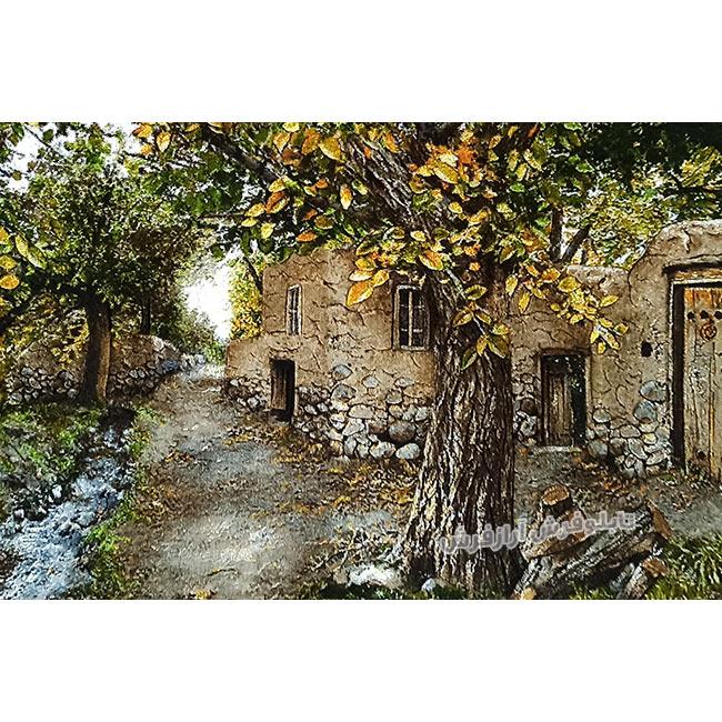تابلو فرش دستبافت طرح منظره کوچه باغ پاییزی از نمای نزدیک - 2